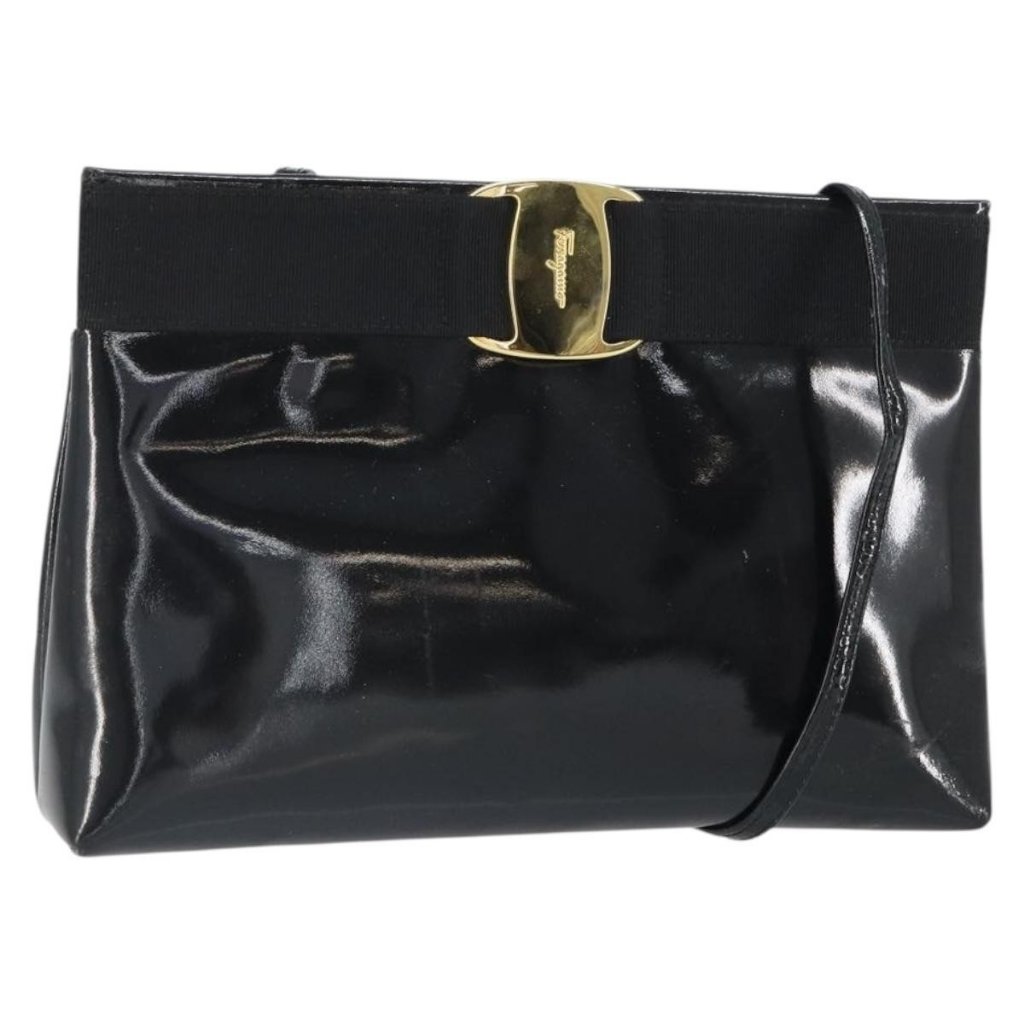 Authentic Salvatore Ferragamo Vala Shoulder Bag Patent Leather Black Gold